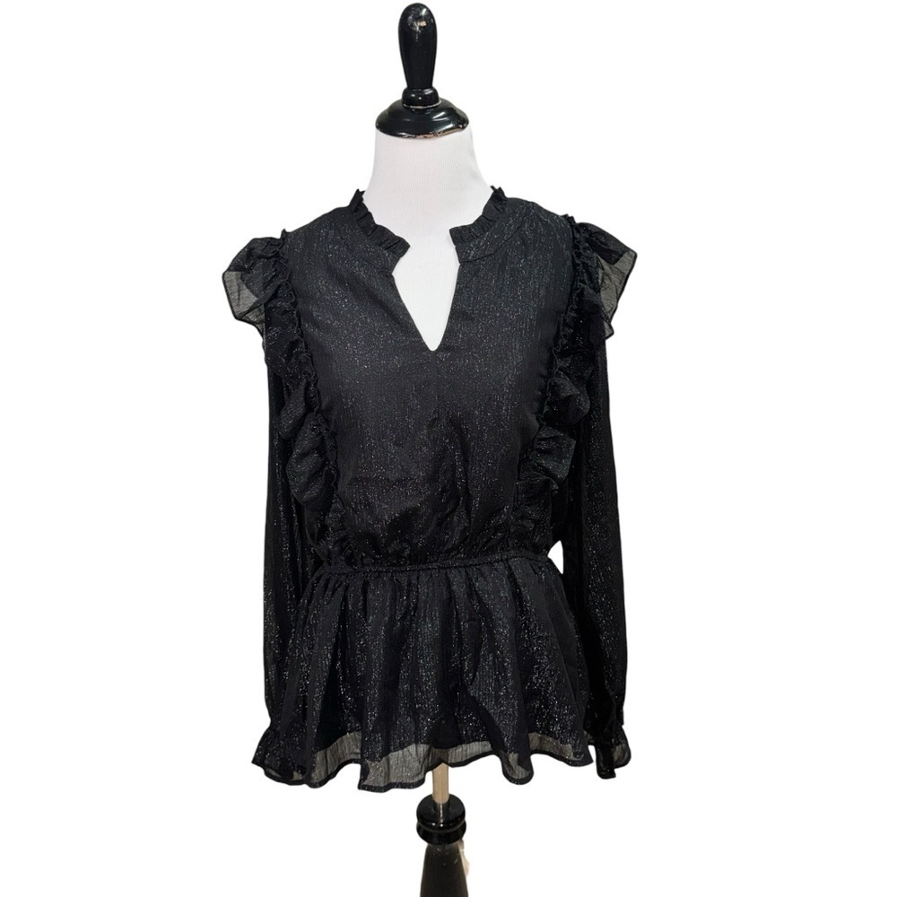 Rockin' C Women's M Medium Blouse Top Goth Victorian Ruffled Semi Sheer Metallic - Picture 1 of 7